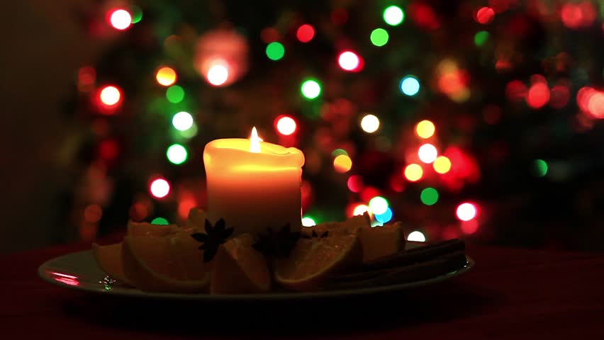 Beautiful Christmas Scene Of Burning Red Candles Surrounded By Festive ...