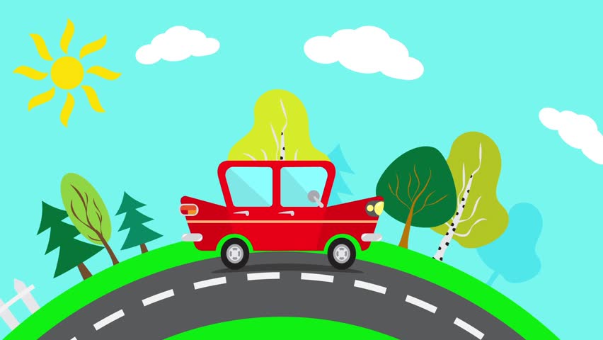 Cartoon Car Driving On A Suburban Road At Night. Red Car Rides In The