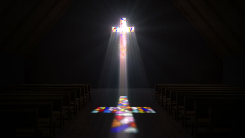 Dark Church Light Comes Through The Cross With Colored Stained Glass On The Wall Stock Footage