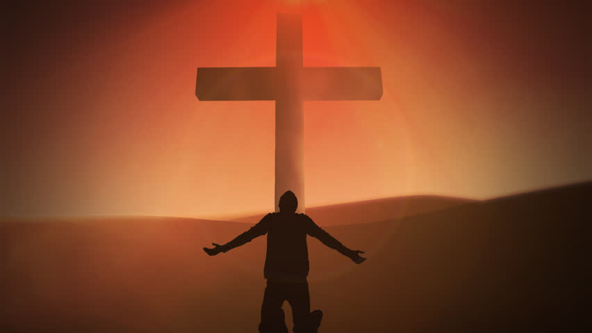 Silhouette Of Man Praying Under The Cross At Sunsetsunsrise Stock