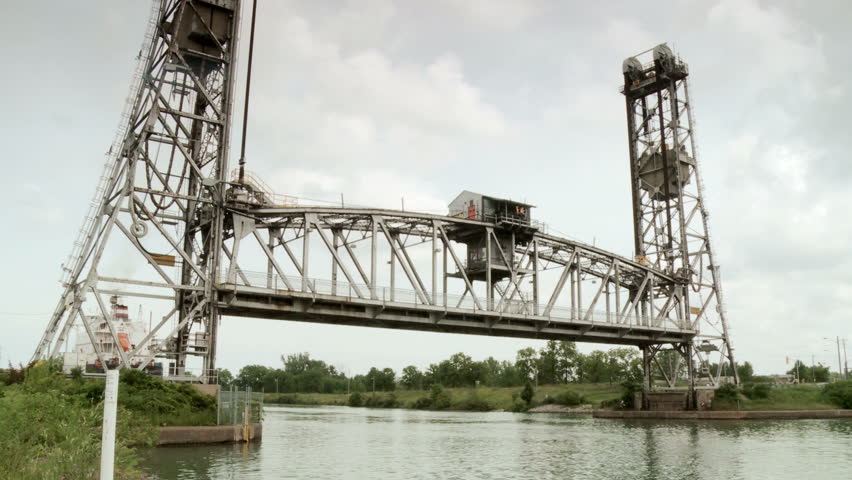 Descending Vertical Lift Bridge Across The Welland Canal At Welland Ontario Canada Stock