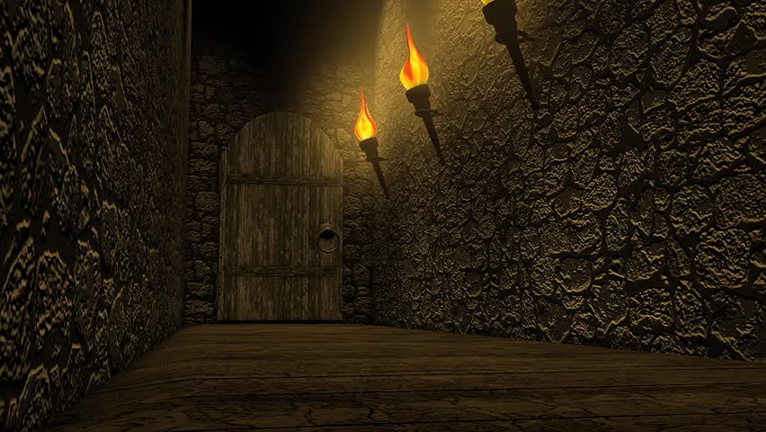 A Typical Old Castle Passage Way, Rough Wall, Torch Lights. Stock