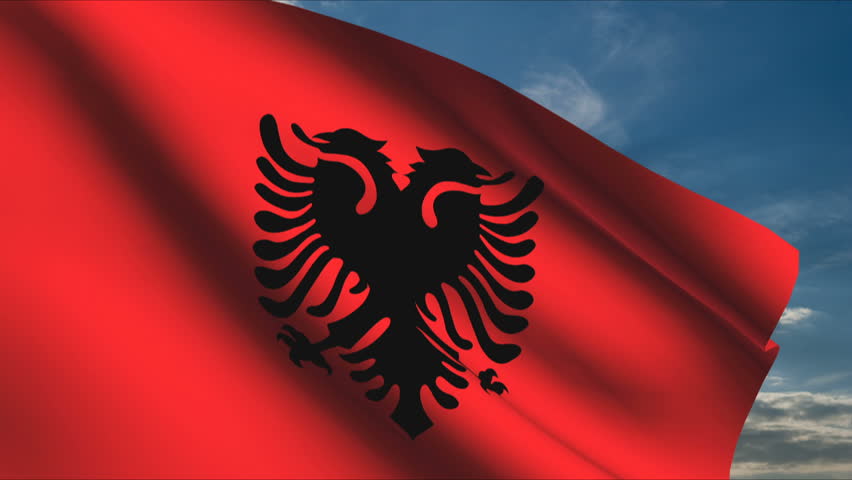 Albanian Flag Waving In Wind With Clouds In Background Stock Footage