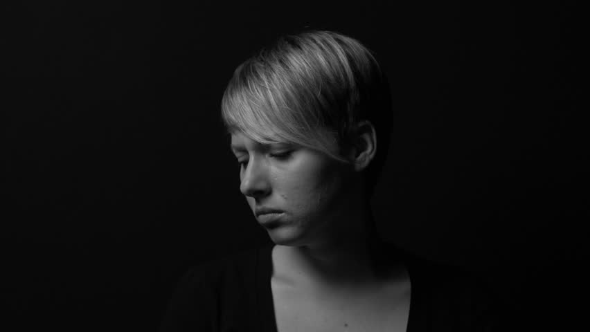 Black And White Portrait Of A Sad Woman, Moving Light Stock Footage