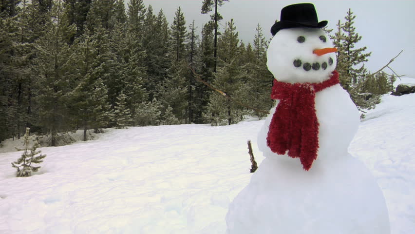 winter-scene-with-snowman-on-forest-background-stock-footage-video