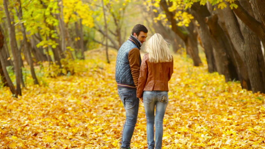 Rearview Of A Happy Couple Walking Unhurriedly Through The Autumn Forest Stock Footage Video