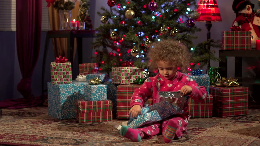 Excited Little Girls On Christmas Day Opening Gifts Stock Footage Video