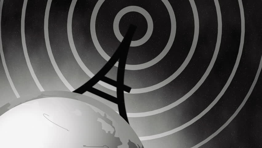 Black and white old fashioned representation of radio broadcasting its signal. 4K footage - 4K stock video clip