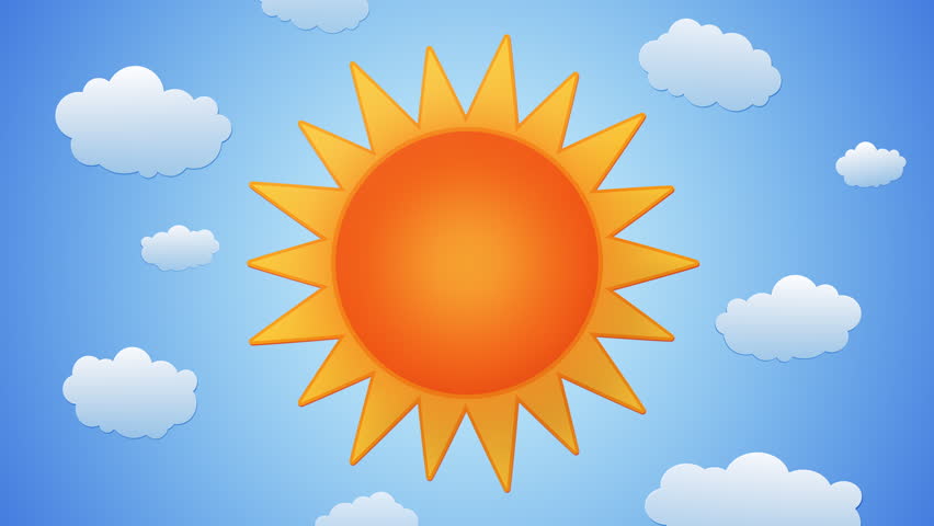 Stylized Animation Of Sky With Rotating Sun And Moving Clouds And Waves 