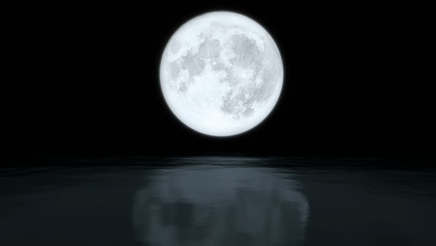 Reflection Of The Full Moon On Calm Surface Of Lake At Night. Stock