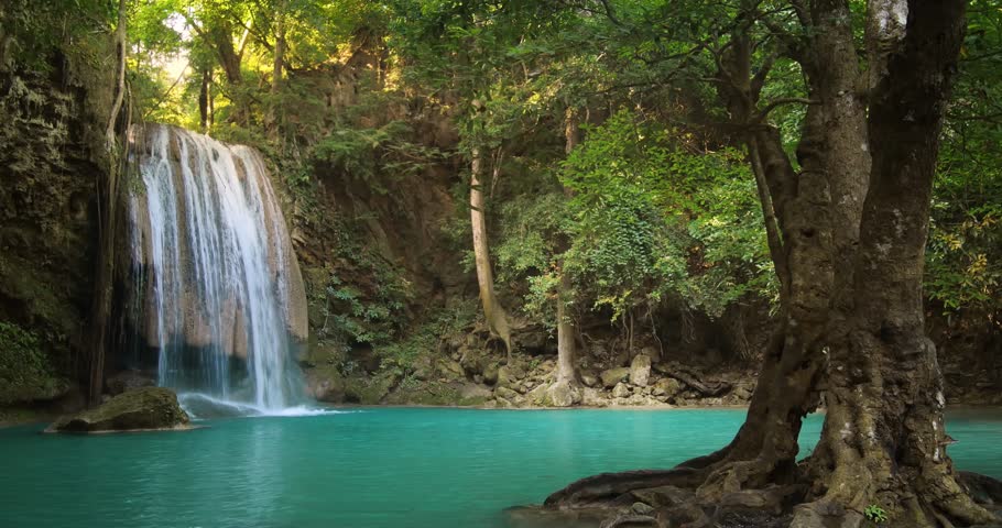 Paradise Jungle Forest With Beautiful Waterfall In Green Lush Of Erawan ...