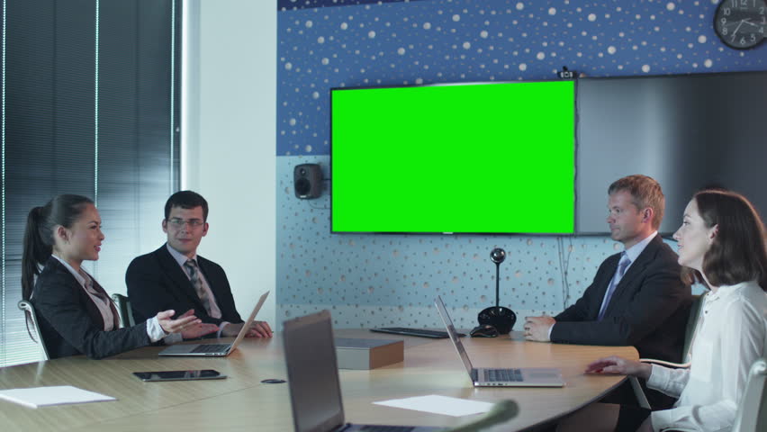 Download Team Of Office Workers Have Conversation in Conference Room. Display with Green Screen for ...