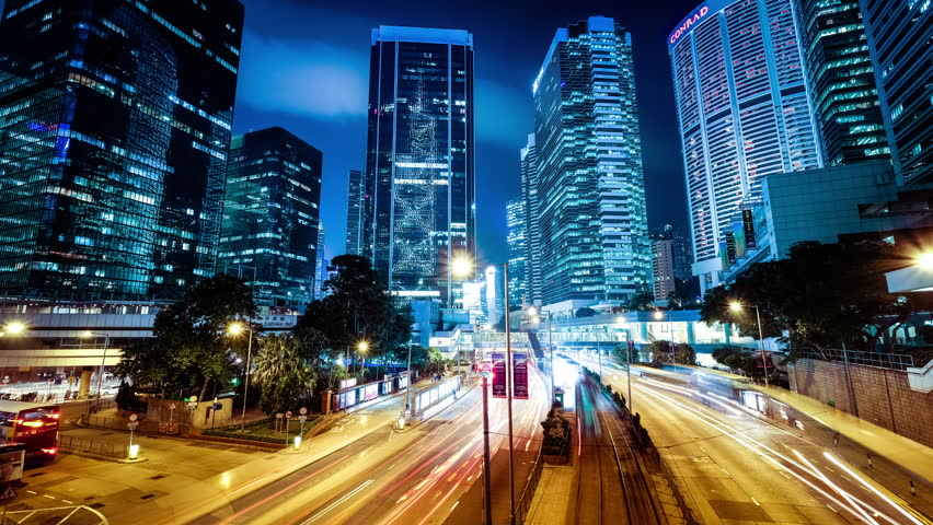 Big Road Through Modern City With Cars Moving Fast At Night. Hongkong ...