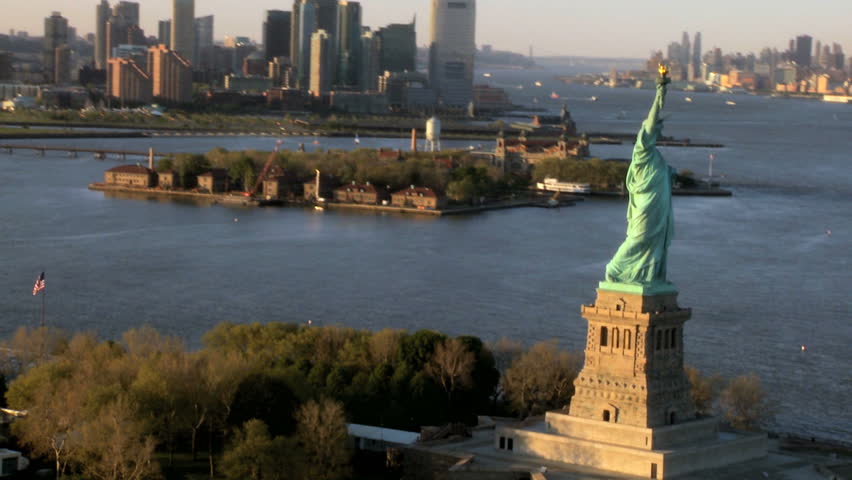 Aerial view of the Statue of Liberty, Ellis Island and Downtown ...