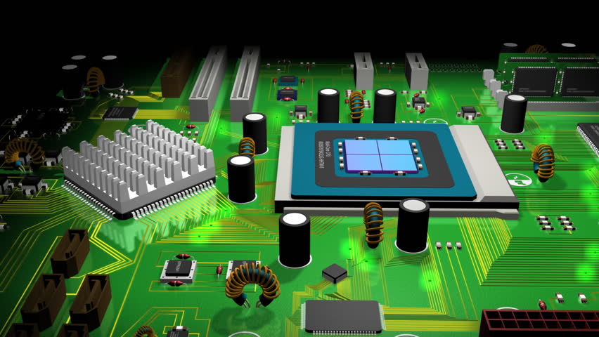 Computer System Innards 3D Animated. CPU. Electronic Circuit Chip On PC ...