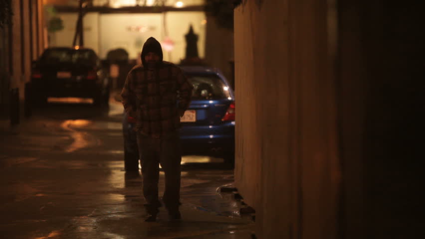 Homeless Man Walking Down An Alley On A Cold Rainy Night Stock Footage ...