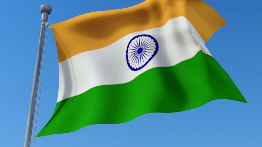 Flag Of India Waving In The Wind Against Blue Sky. Three Dimensional ...