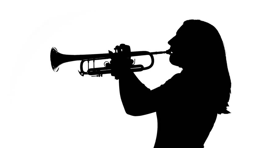 Young Woman Plays The Trumpet In A Studio. Black And White Silhouette ...