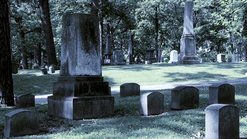 Beautiful, Sad Woman Dressed In White Walks Through A Cemetery. Wide ...