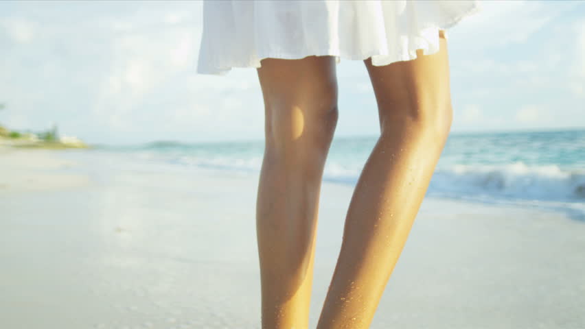 Legs Feet Hispanic Girl Walking Barefoot Wet Sand Island Beach Shot On ...