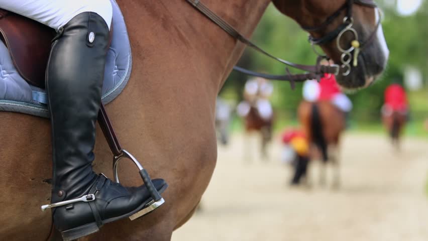Horseman Leg In Boot At Stirrup On Chestnut Horse, Closeup Stock ...