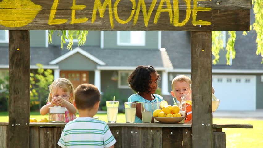 Two Little Kids Are Selling Lemonade At A Homemade Lemonade Stand On A ...