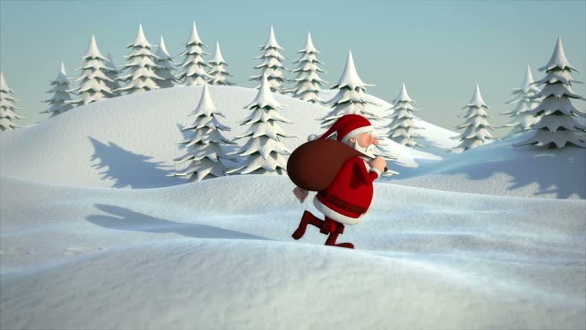 Cartoon Santa Claus Walking Through Snowy Landscape - High Quality 3d ...