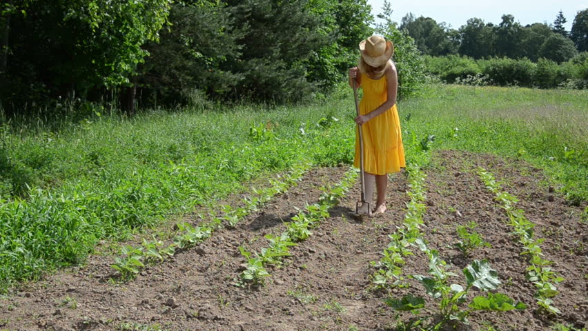 Barefoot Gardener Woman Girl In Yellow Dress And Hat Work In Garden ...