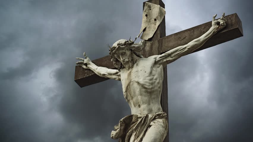 Crucifixion. Christian Cross With Jesus Christ Statue Over Stormy ...
