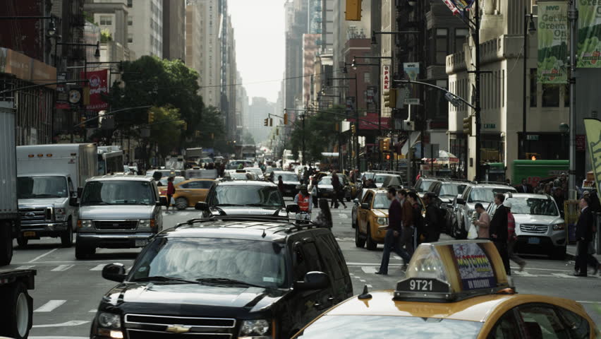 NEW YORK, USA - October 24, 2013 - Wide Shot Of Bustling City Street ...