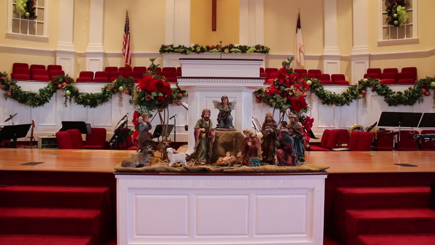 Closeup Of Nativity Scene Inside Church Decorated For Christmas Stock ...