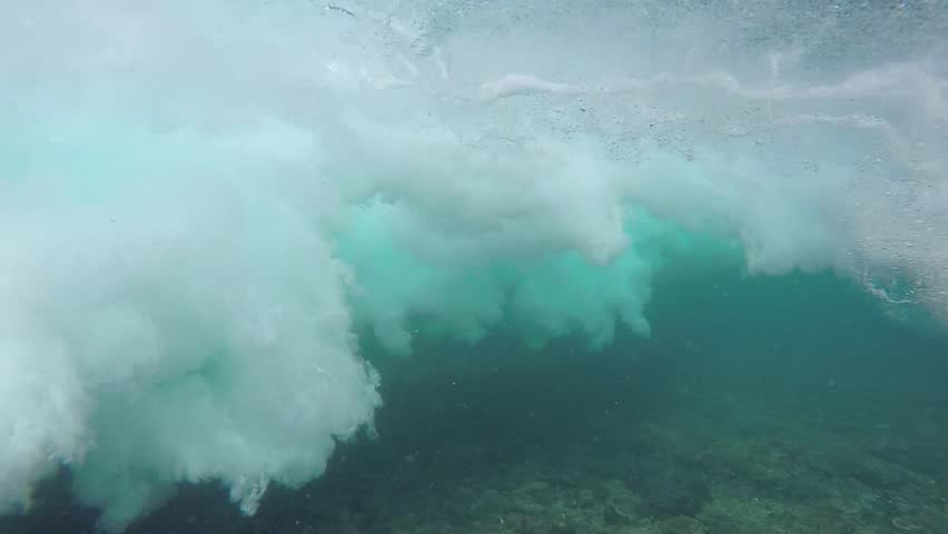 Slow Motion Underwater View Of Surfing Wave Breaking Over Coral Reef In ...